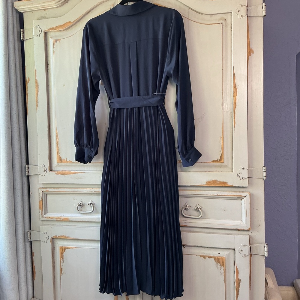 NWT Michael Kors | Navy Pleated Shirt Dress Belted Long Sleeve Capsule Wardrobe - Picture 7 of 10